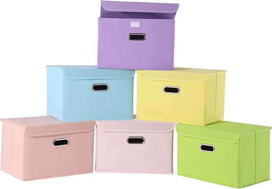 STOREONE Fabric Storage Cube Bins Foldable Organizer Container Collapsible Basket with Lids and Metal Handles, for Home, Bedroom, Closet 6 Pcs (multicolour)