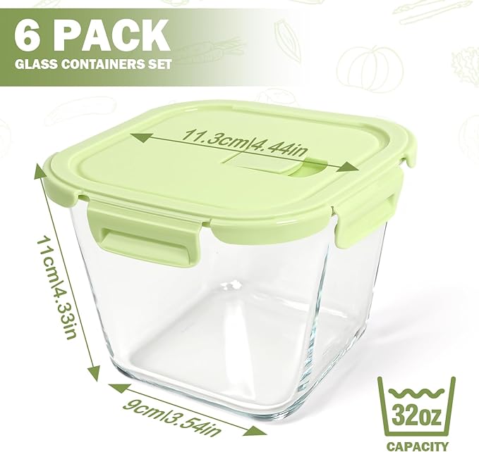 Glass Soup Containers with Lids 32oz - Borosilicate Glass Storage Containers 4 Cup, Freezer to Microwave Safe, Airtight Leak Proof, Square Meal Prep Containers for Lunch Travel- 6 Pack
