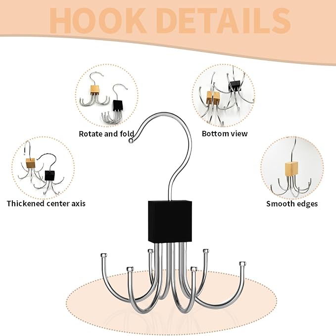 2pcs 360° Rotating 6-Claw Multi-Function Hook Closet Hanging Organizer Hangers for Clothes Hats Scarves Belts, Stainless Steel Rotary Hook Hanger for Kitchen Bathroom Office Home Storage Rack (Khaki)