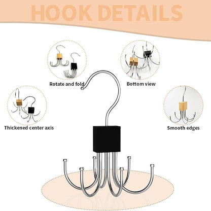 2pcs 360° Rotating 6-Claw Multi-Function Hook Closet Hanging Organizer Hangers for Clothes Hats Scarves Belts, Stainless Steel Rotary Hook Hanger for Kitchen Bathroom Office Home Storage Rack (Khaki)