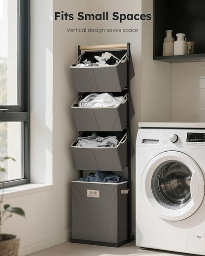 SOLEDI 4 Section Laundry Hamper Sorter, Stackable Laundry Basket Organizer with Removable Basket, 125L 4-Tier Vertical Laundry Sorter for Small Space, Laundry Room, Dorm, Bathroom, Wardrobe Grey