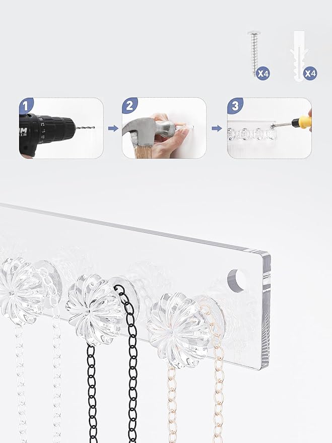 Wall Mounted Hanging Necklace Organizer Holder,Small Necklace Hanger Wall Mount,Acrylic Jewelry Hooks Storage Long Necklace,Closet Hanging Bracelet Display Stand (2)