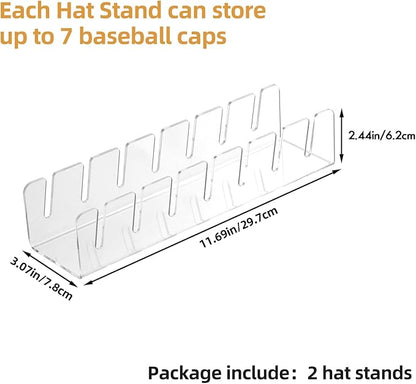 Hat Stand for Baseball Caps, 2 Pack Hat Storage for 14 Baseball Caps, No Install Hat Acrylic Holder, Hat Racks for Baseball Caps Display and Organizer for Bedroom, Closet, Dresser