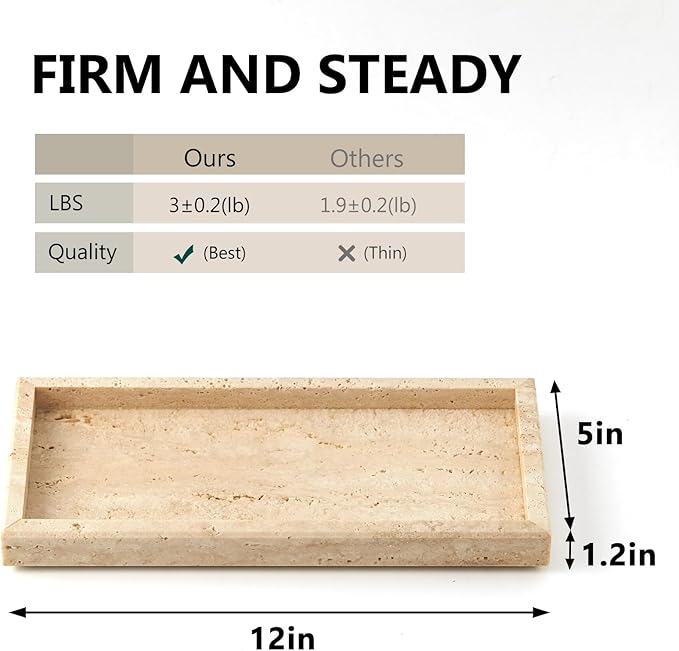 Real Natural Travertine Tray for Bathroom, Vanity, Kitchen and Desktop, Rectangle Genuine Marble Stone Tray for Jewelry, Cosmetics, Candles, Lotion, Perfume and Home Decor, 12"x5" Size