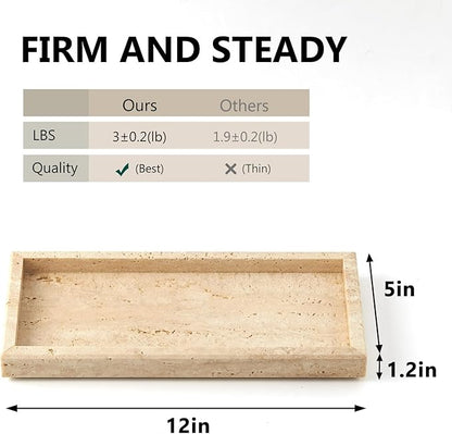 Real Natural Travertine Tray for Bathroom, Vanity, Kitchen and Desktop, Rectangle Genuine Marble Stone Tray for Jewelry, Cosmetics, Candles, Lotion, Perfume and Home Decor, 12"x5" Size