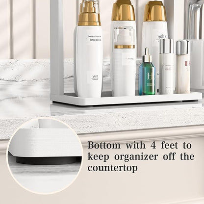 PEKER Bamboo Bathroom Organizer Countertop – Small Vanity Storage Shelf for Makeup, Perfume, Skincare – Natural Cosmetics Display Rack for Dresser, Sink, Kitchen –White