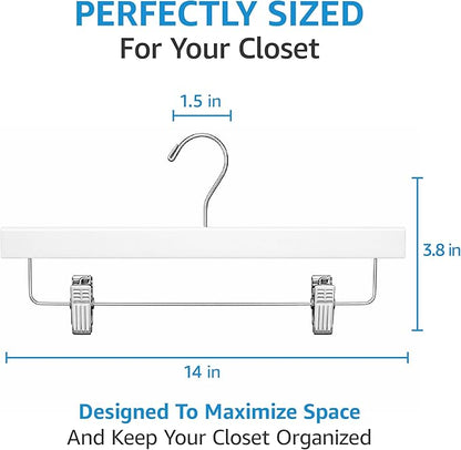 ZOBER Wooden Pants Hangers with Clips - 10 Pack Premium Wood Skirt Hangers for Women, Heavy Duty Wooden Hanger with Adjustable Metal Grip Clips for Jeans and Shorts, Smooth Finish White