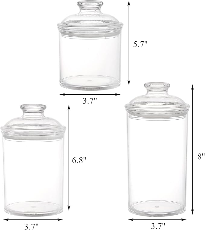 Lyellfe Set of 3 Acrylic Apothecary Jars, Vanity Organizer Canister with Airtight Lids, Bathroom Cotton Swab Holder, Clear Storage Jar for Candy, Bath Salt, Cotton Ball, 34 oz, 25 oz, 17 oz