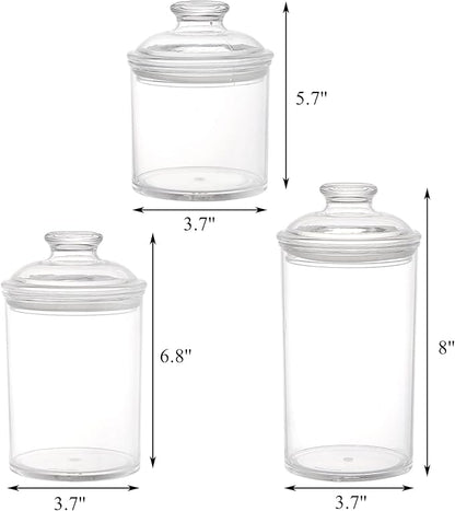 Lyellfe Set of 3 Acrylic Apothecary Jars, Vanity Organizer Canister with Airtight Lids, Bathroom Cotton Swab Holder, Clear Storage Jar for Candy, Bath Salt, Cotton Ball, 34 oz, 25 oz, 17 oz