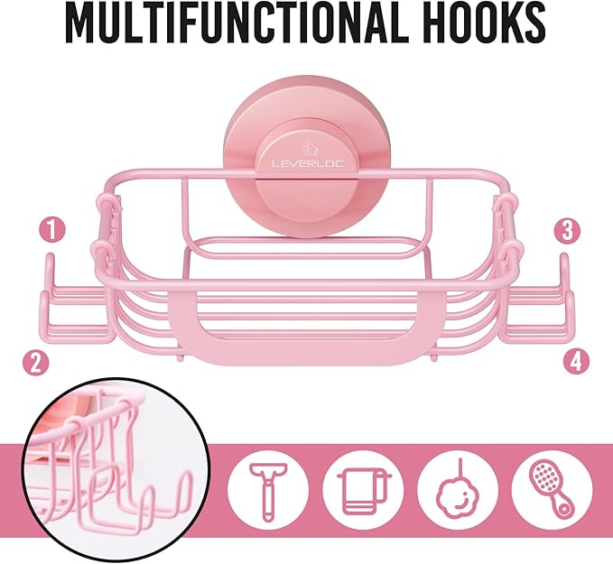 LEVERLOC Soap Holder Dish with Hooks for Shower, Bar Suction Cup Soap Tray Wall Mounted, Rustproof Stainless Steel Sponge Holder Caddy for Bathroom Bathtub Kitchen Sink, Pink