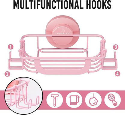 LEVERLOC Soap Holder Dish with Hooks for Shower, Bar Suction Cup Soap Tray Wall Mounted, Rustproof Stainless Steel Sponge Holder Caddy for Bathroom Bathtub Kitchen Sink, Pink