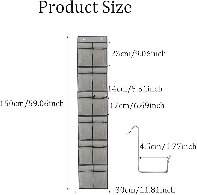 Gray Over Door Shoe Organizer, 12 Large Pockets Hanging Storage for Closet Organization, Space Saving Shoe Rack and Accessory Holder