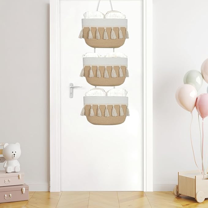 Over the Door Organizer Nursery - Cotton Boho Decor 3 Tier Wall Hanging Basket, Decorative Hanging Storage Organizer for Nursery Bathroom Bedroom Laundry Dorm Kitchen