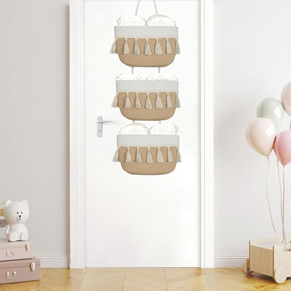 Over the Door Organizer Nursery - Cotton Boho Decor 3 Tier Wall Hanging Basket, Decorative Hanging Storage Organizer for Nursery Bathroom Bedroom Laundry Dorm Kitchen
