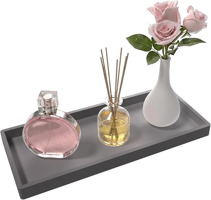 Bathroom Vanity Tray, Silicone 11.8 x 5 Inch Bathroom Counter Tray Decor, Extra-Large Bathroom Trays Holders and Organizers for Toilet Top, Dresser, Waterproof Decorative Tray, Grey