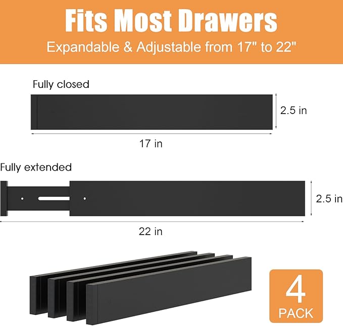Bamboo Drawer Dividers,17-22" Adjustable Kitchen Drawer Organizer for Clothes,4 Pack Expandable Drawer Organization Separators for Bedroom,Bathroom,Dresser and Office,Black