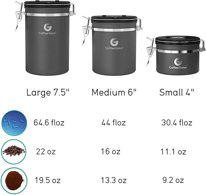 Coffee Gator Coffee Canister, 11oz Airtight Stainless Steel Kitchen Food Storage Container with Date-Tracker, CO2-Release Valve and Scoop for Beans, Grounds, Sugar, Cookies Jars, Tea, Cereal - Gray