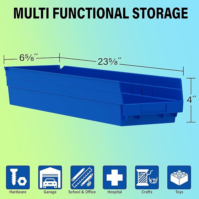Akro-Mils 30164 Plastic Shelf Bins, Heavy Duty Storage Bins for Garage, Closet, and Drawer Organization, 24-Inch x 6-1/2-Inch x 4-Inch, Clear, 6-Pack