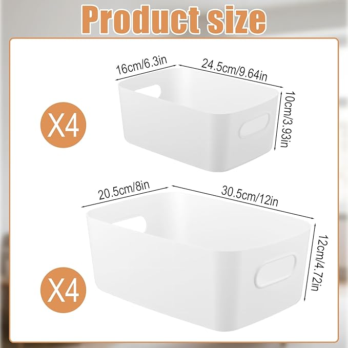 8 Pack White Plastic Storage Bins Multi-Use Small Organizer Bins Containers with Handles for Pantry, Cabinet, Under Sink, Kitchen, Bathroom & Office, 2 Sizes