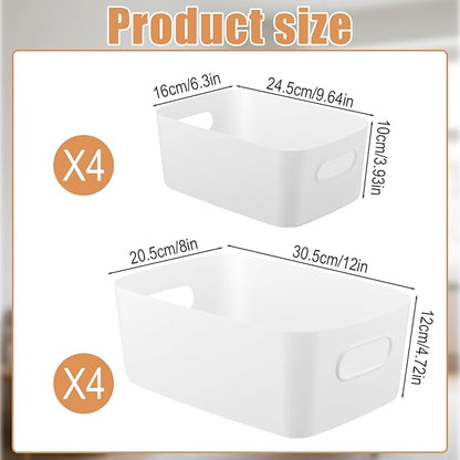 8 Pack White Plastic Storage Bins Multi-Use Small Organizer Bins Containers with Handles for Pantry, Cabinet, Under Sink, Kitchen, Bathroom & Office, 2 Sizes