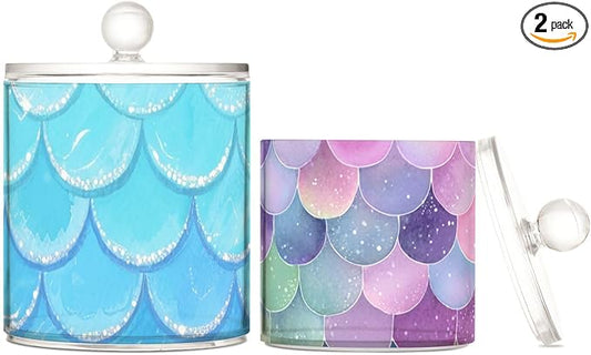 2 Pack Qtip Dispenser Apothecary Jars with Lids Cotton Round Holder Bathroom Canisters for Cotton Swab Floss Ball Pads Clear Plastic Decorative Blue Fish Scale