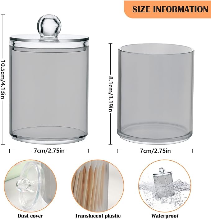 Grey Qtip Dispenser Apothecary Jars Bathroom Qtip Holder Storage Canister 10 Oz Plastic Jar for Cotton Ball Swab Round Pads Floss 2pcs