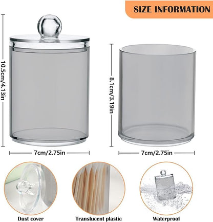 Grey Qtip Dispenser Apothecary Jars Bathroom Qtip Holder Storage Canister 10 Oz Plastic Jar for Cotton Ball Swab Round Pads Floss 2pcs