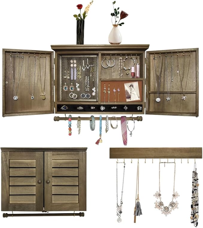 Rustic Wall Mounted Jewelry Organizer,Vintage Wooden Hanging Jewelry Holder Box with Barndoor Decor for Necklaces, Earings, Bracelets, Rings, Accessories. Includes Hook Organizer