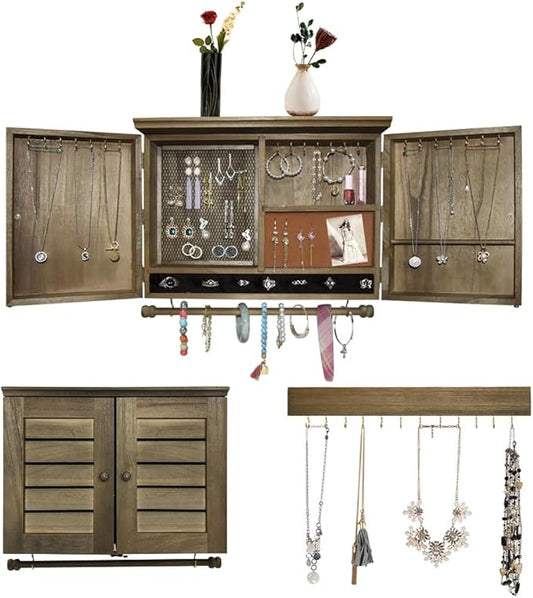 Rustic Wall Mounted Jewelry Organizer,Vintage Wooden Hanging Jewelry Holder Box with Barndoor Decor for Necklaces, Earings, Bracelets, Rings, Accessories. Includes Hook Organizer