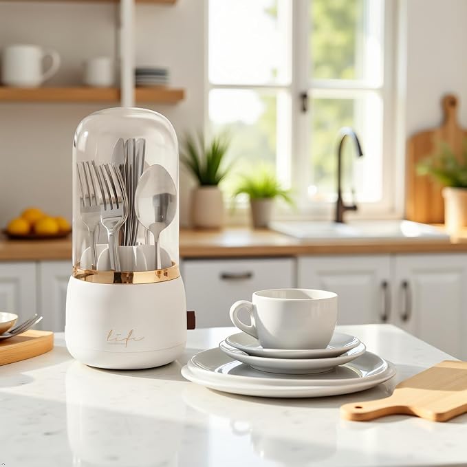 360° Rotating Silverware Organizer with Lid - 7 Slot Spoon Fork Utensil Holder for Kitchen Counter, Party Caddy with Drainage
