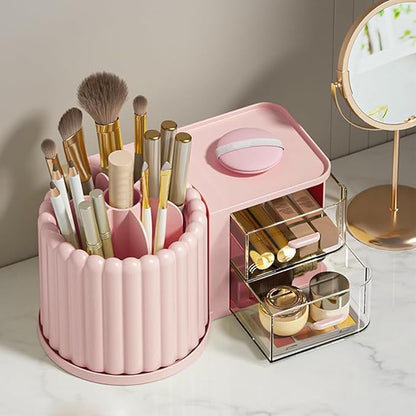 Makeup Organizer Countertop,360 Rotating Makeup Brush Holder With 2 Drawers,Small Preppy Organizer |9.25x5.11inch|Pink