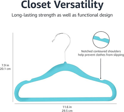 Amazon Basics Kids Space Saving Velvet Non-Slip Clothes Hangers with Shoulder Notches for Infant and Toddler, 11.6", Blue, 50-Pack