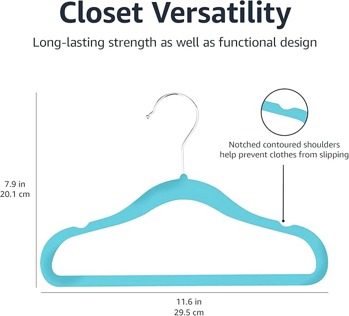Amazon Basics Kids Velvet, Non-Slip Clothes Hangers for Infant and Toddler, 11.6 inches (for Baby Clothes), 50 Count, Blue (Pack of 4)