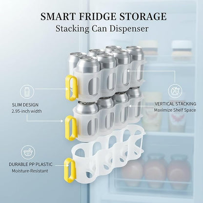 Stacking Can Dispenser for Refrigerator, Slim Vertical Soda Organizer Rack to Maximize Fridge Space, Durable PP Plastic Storage Holder for Pantry & Kitchen Shelves