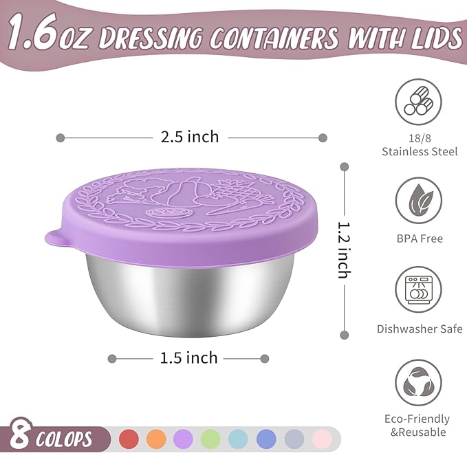 SANEXC 8 Pack - 1.6 Oz Small Salad Dressing Containers To Go, Leakproof Condiment Containers with Lids Reusable Stainless Steel Sauce Cups for Lunch Boxes Kitchen Storage Picnics Travel Meal Prep