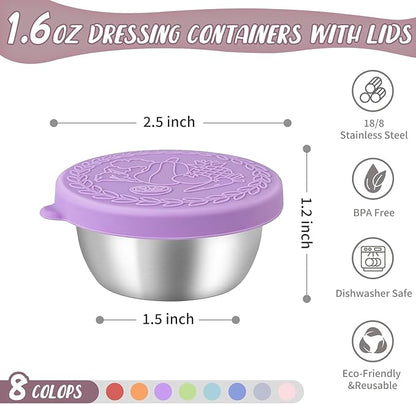SANEXC 8 Pack - 1.6 Oz Small Salad Dressing Containers To Go, Leakproof Condiment Containers with Lids Reusable Stainless Steel Sauce Cups for Lunch Boxes Kitchen Storage Picnics Travel Meal Prep