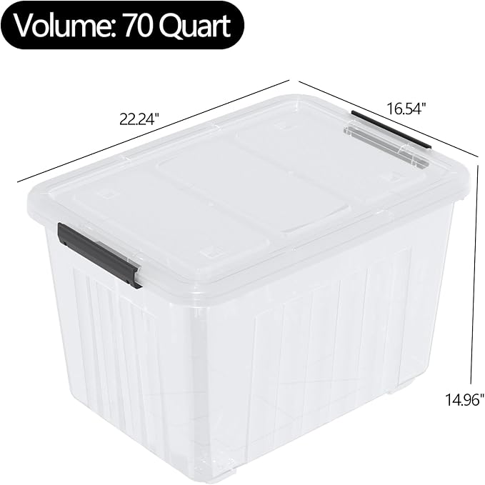 70 Quart Large Plastic Storage Boxes with Wheels, Clear Latching Box, 4 Packs