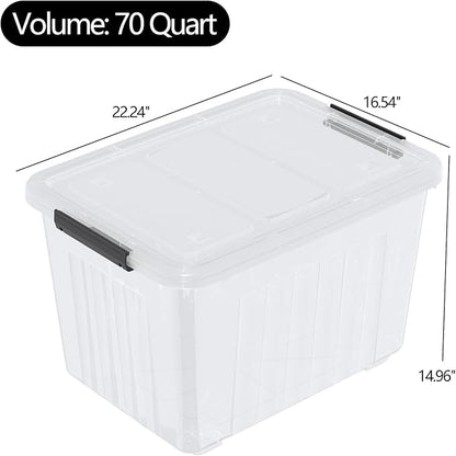 70 Quart Large Plastic Storage Boxes with Wheels, Clear Latching Box, 4 Packs
