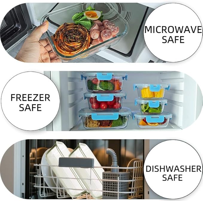 12 Pack Glass Storage Containers Transparent, Stackable Design Meal Prep Containers for Food Storage, Home, Kitchen & Pantry Organization, Microwave/Freezer/Dishwasher Safe