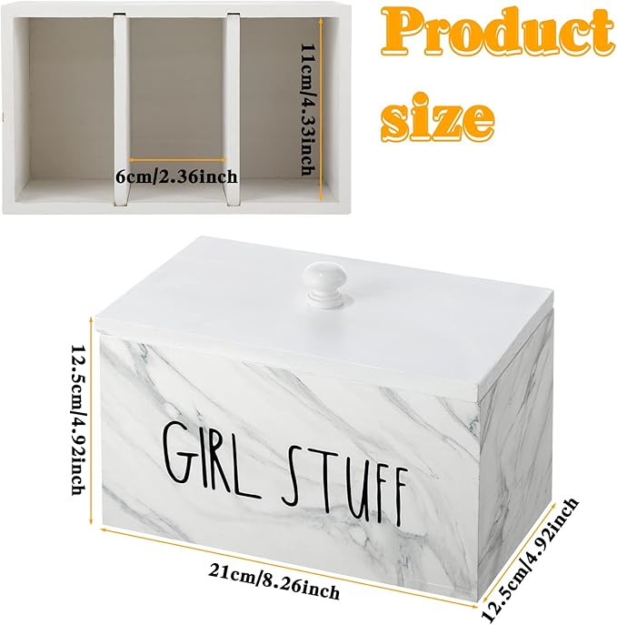Tampon Holder for Bathroom with Movable Dividers Shark Tampon Storage Container Week with Lid Farmhouse Pad Container Box Feminine Product Organizer Girl Stuff Box for Bathroom(Marble Style)