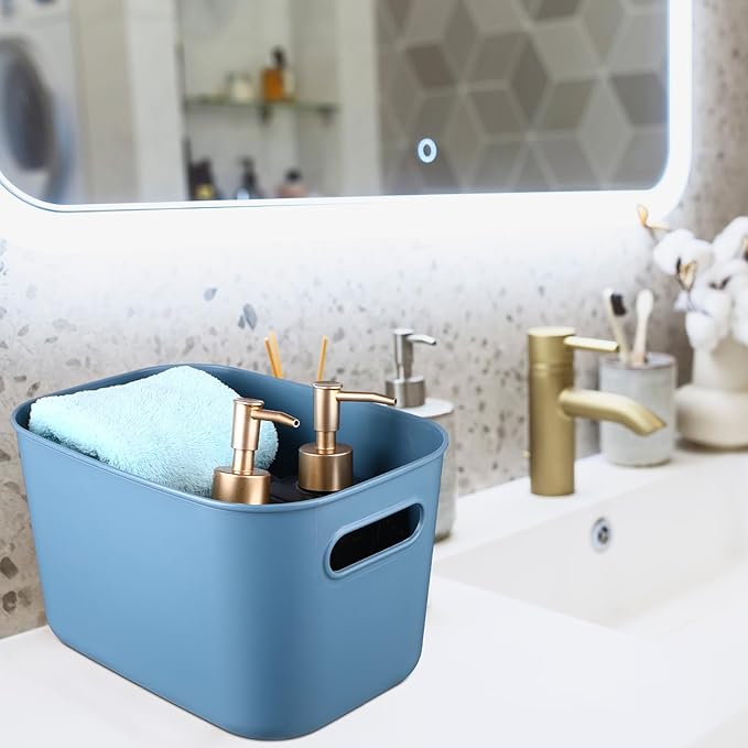 Hoolerry 8 Pieces Colorful Storage Bins with Lid, Plastic Storage Basket Organizing Container Stackable Box with Handle for Shelves Desktop Playroom Office(10.2 x 7 x 6.3 Inch,Blue)