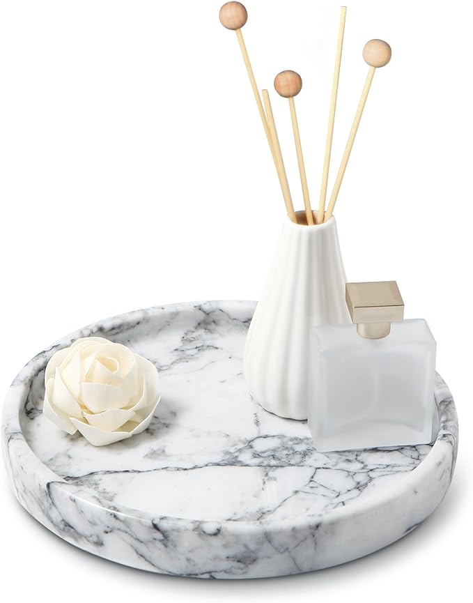 Round Natural Marble Tray for Bathroom, 10" Decorative White Marble Tray for Home, Bathroom Vanity Tray and Elegant Marble Serving Tray