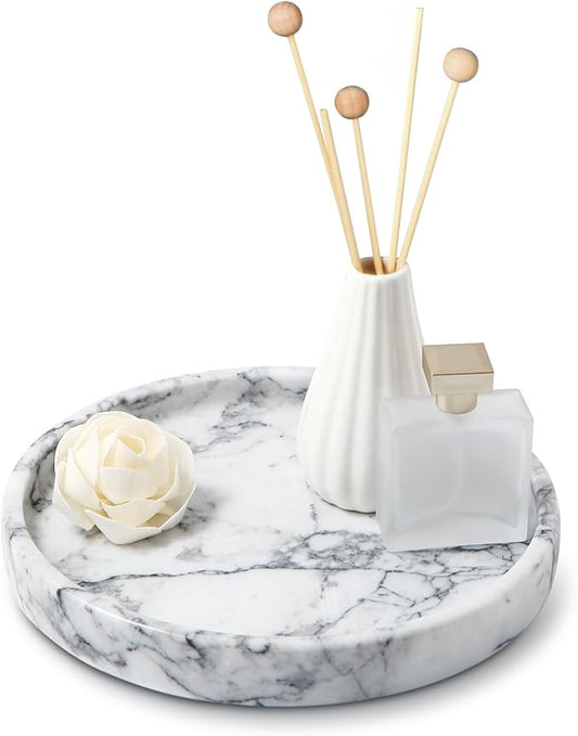 Round Natural Marble Tray for Bathroom, 10" Decorative White Marble Tray for Home, Bathroom Vanity Tray and Elegant Marble Serving Tray