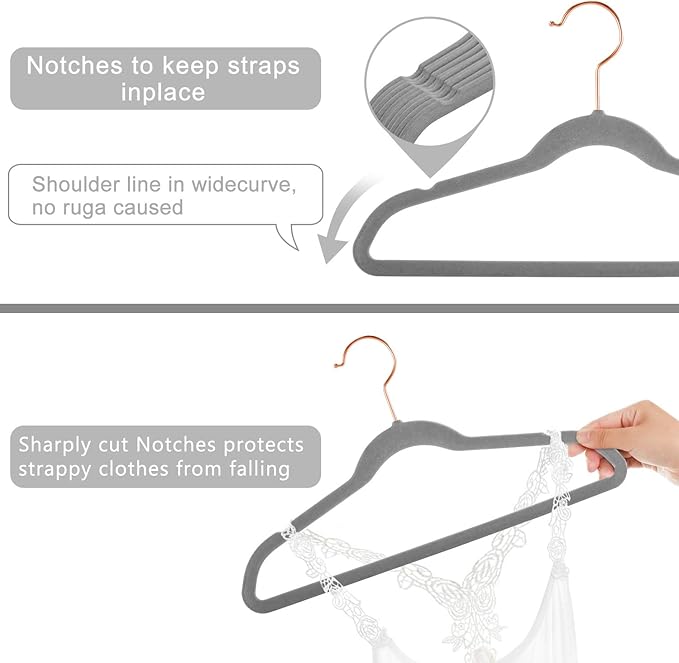 MIZGI Kids Velvet Hangers,Non-Slip Big Kids Hangers,14 Inch Hangers for Youth,Teen Clothes,Pack of 50（Gray/Rosegold）