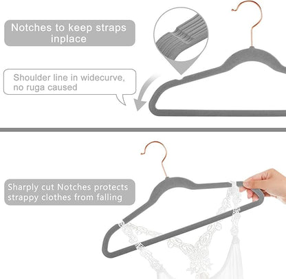 MIZGI Kids Velvet Hangers,Non-Slip Big Kids Hangers,14 Inch Hangers for Youth,Teen Clothes,Pack of 50（Gray/Rosegold）