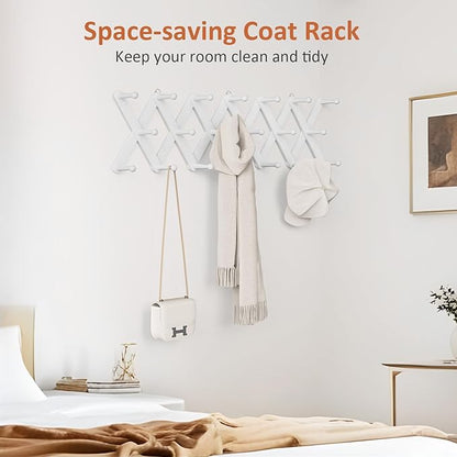 Accordion Wall Hanger, Hat Rack for Wall with 20 Coat Hooks, Expandable Hat Hangers Organizer, Vintage Decorative Coat Rack Wall Mount for Purse, Mug(White)