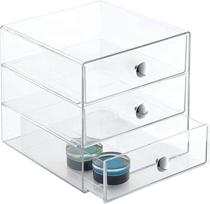 AJIODA Makeup Drawer Organizer Box with 3 Drawers, Acrylic Cosmetic Display Case Vanity Organizer Jewelry Storage Box Stackable Storage for Cosmetics, Skin Care, Bathroom, Countertop, Silver Handle
