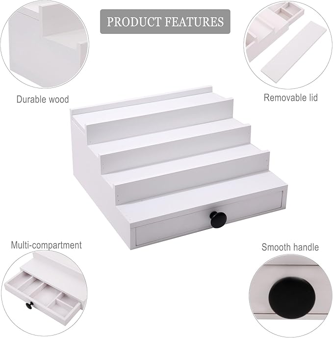 White Cologne Organizer for Men - 4 Tier Wooden Cologne Display Stand with Drawer and Hidden Compartment for Organizing and Storing, Mens Cologne Holder Shelf for Dresser
