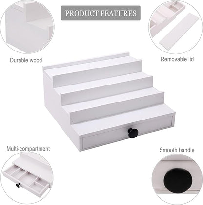 White Cologne Organizer for Men - 4 Tier Wooden Cologne Display Stand with Drawer and Hidden Compartment for Organizing and Storing, Mens Cologne Holder Shelf for Dresser