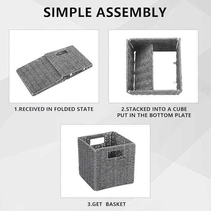 6 Pack 8.7 Inch Wicker Baskets, Hand Woven Paper Rope Storage Baskets, Foldable Cube Storage Bins Organizer Square Wicker Cubes for Shelves Pantry Organizing & Decor (Gray)
